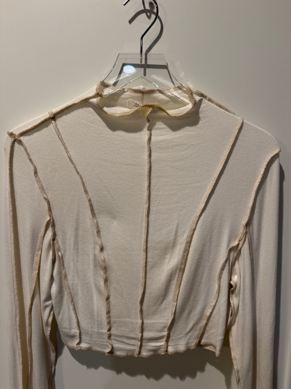 12th Tribe Cream Ribbed Long Sleeve Crop Top